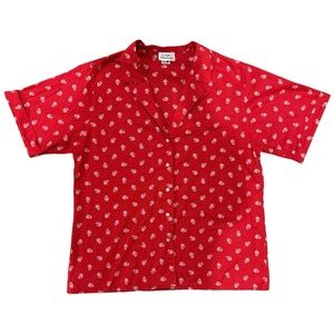 Country Suburbans Vintage Blouse Women XL Red White Floral Polka Dot Shirt